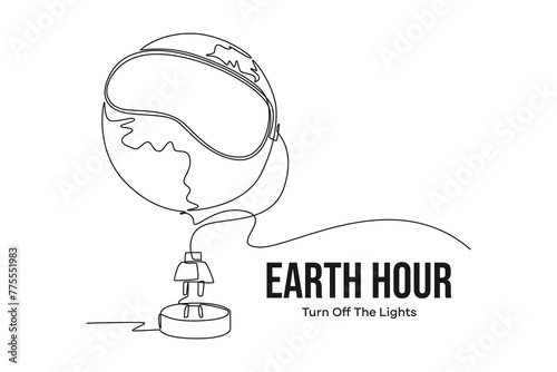 Continuous one line drawing earth hour day concept. Doodle vector illustration.