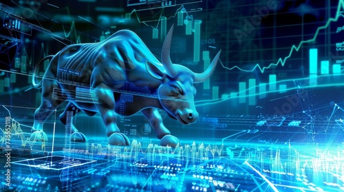 hologram bull and bear with financial graph