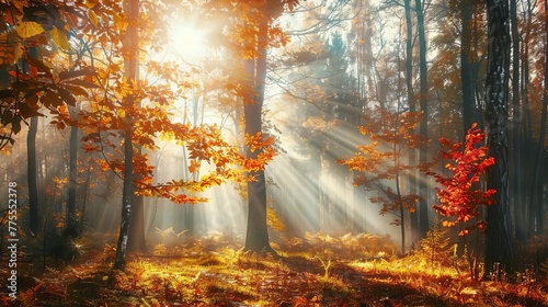 Enchanting autumn forest with sun beams filtering through trees  nature photography
