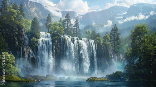 Majestic waterfall  Emphasize the sheer size and power of a waterfall  conveying a sense