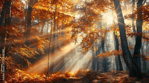 Enchanting autumn forest with sun beams filtering through trees, nature photography