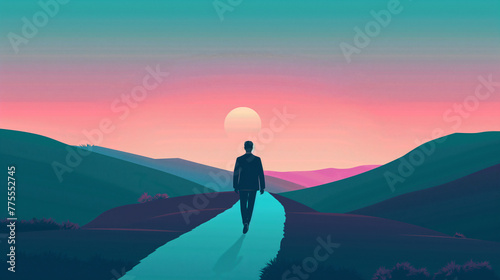 A man in suit walks along the path under Sakura tree narrow in Sunset and teal colors, flat design illustration with pastel color palette