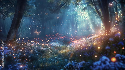 Enchanting Forest Clearing with Ethereal Fairy Lights, Fireflies and Wildflowers, Dreamy Digital Painting