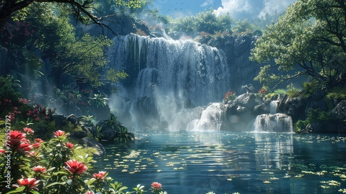 Waterfall landscape Capture the grandeur and beauty of a waterfall within its surrounding landscape