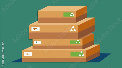 A closeup of a stack of recycled cardboard boxes each labeled with a unique code corresponding to the source of the materials. The organization photo
