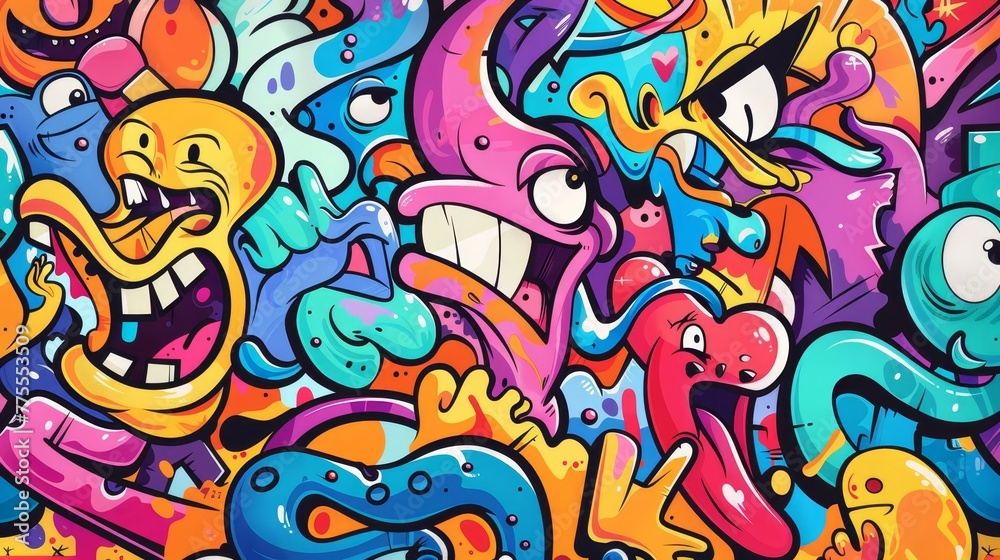 Energetic Street Art Graffiti with Dynamic Lines and Funky Characters, Urban Sketch Illustration