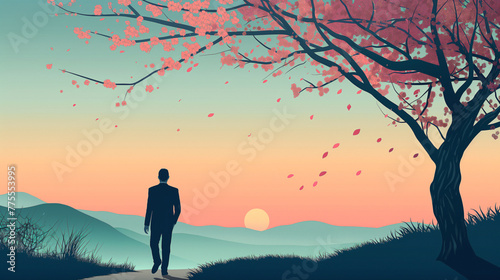 A man in suit walks along the path under Sakura tree narrow in Sunset and teal colors, flat design illustration with pastel color palette 