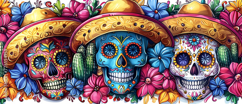 traditional sugar skull and other mexican holidays symbols. illustration