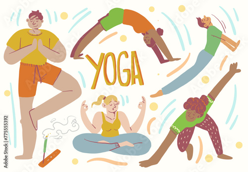 Wellness illustration of people of different genders practicing yoga, in various poses, and enjoying healthy fun. (ID: 775555392)