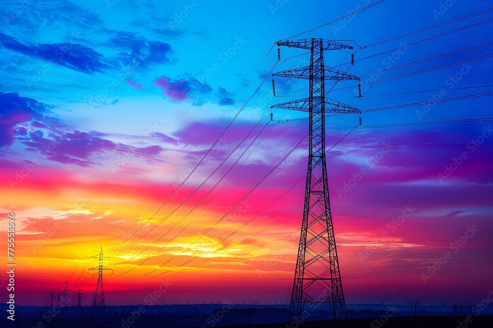 Dramatic Silhouetted Electric Tower Against Vibrant Sunset Skyscape
