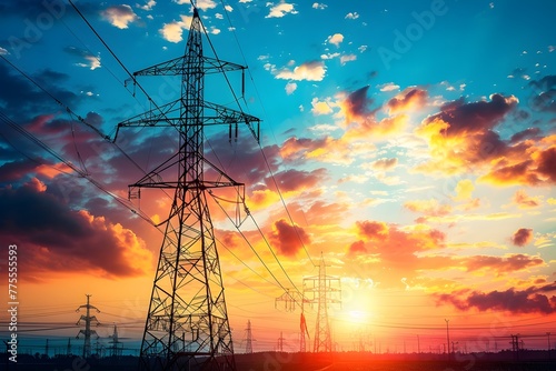Silhouetted Electric Tower Stands Against a Vibrant Sunset Sky,Symbolizing Humanity's Mastery of Electrical Energy