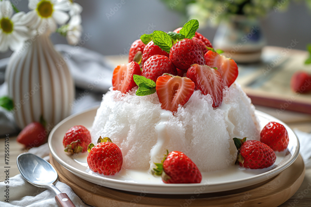white shaved ice is scooped into a tall round mound on a simple white ceramic bowl. Fresh, large, bright red strawberries are thinly sliced and placed on top of the shaved ice, and decorated with mint white shaved ice is scooped into a tall round mound on a simple white ceramic bowl. Fresh, large, bright red strawberries are thinly sliced and placed on top of the shaved ice, and decorated with mint