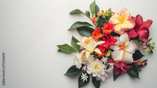 A vibrant arrangement of various colorful flowers and leaves on a white background.