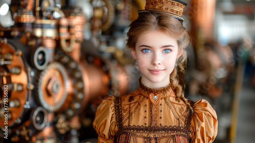 A delightful girl dressed in a Victorian costume in a steampunk style. Historical abstraction. A beautiful character for wallpaper, games.