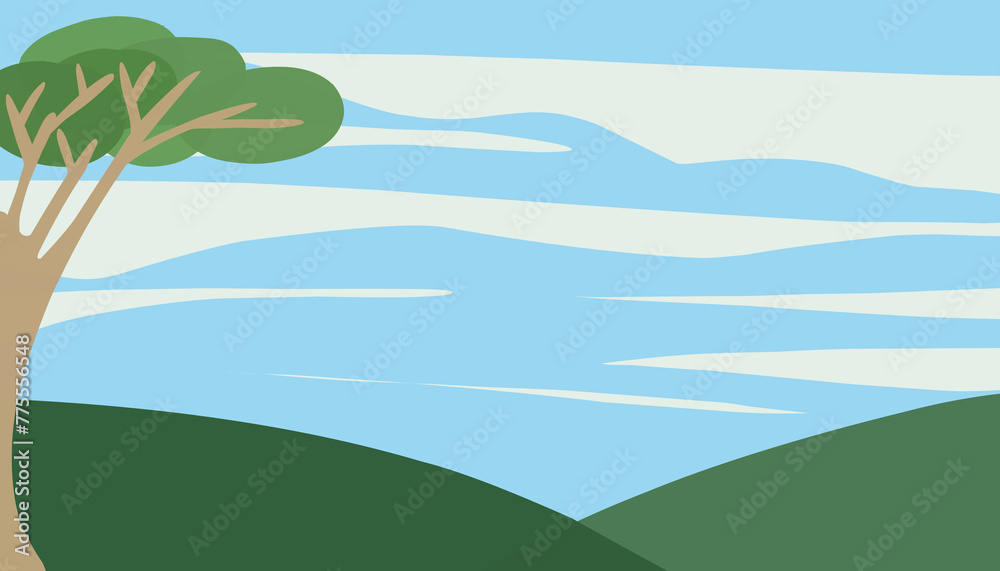 Obraz premium Background with a theme of green mountains and blue sky. Perfect for wallpapers, storybook covers, children's books