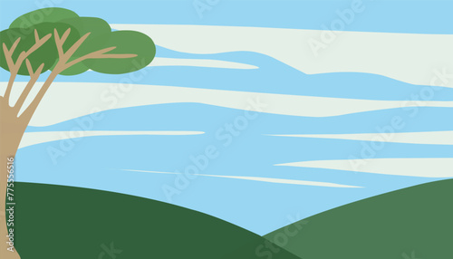 Fototapeta Naklejka Na Ścianę i Meble -  Background with a theme of green mountains and blue sky. Perfect for wallpapers, storybook covers, children's books