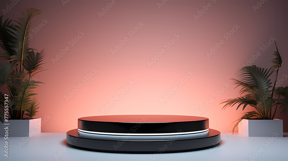 Neon modern stand display platform black pedestal on white room background Neon modern stand display platform black pedestal on white room background