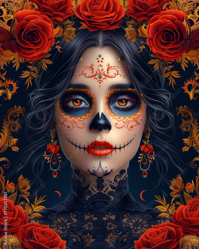 Mexican girl with makeup in the style of a sugar skull, on a background of red roses. Traditional style for Mexican holidays