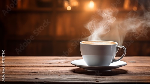 Aromatic coffee cup on wooden table a frothy drink steaming 