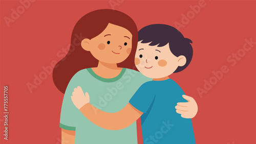 The older siblings protective hand rests on the younger ones back as they share a heartfelt hug symbolizing a nurturing and caring
