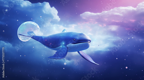 generated illustration of surreal cloudscape with floating islands and flying whales