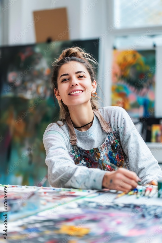 Fototapeta premium Radiant Female Artist Enjoying a Break in Her Colorful Studio Amidst Vibrant Paintings