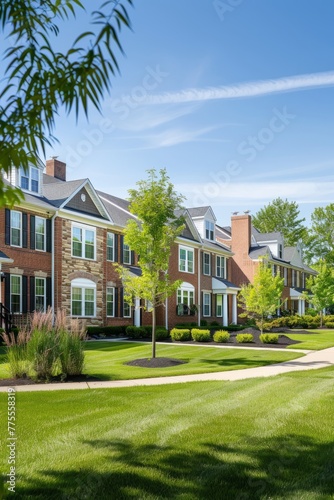 Professional Photography of a Suburban Townhouse Community With Manicured Lawns, Communal Amenities, and Close-Knit Neighborhood Charm, Generative AI (ID: 775558319)