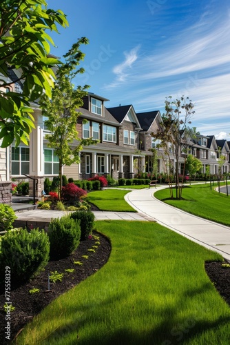 Professional Photography of a Suburban Townhouse Community With Manicured Lawns, Communal Amenities, and Close-Knit Neighborhood Charm, Generative AI