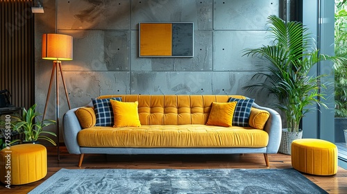 Wallpaper Mural Loft interior design of modern living room, home. Tufted grey sofa with yellow pillows and plaid near tv unit and vibrant yellow pouf in room with concrete wall Torontodigital.ca