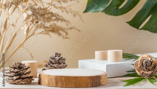 Creamy Elegance: Wood Podium in Abstract Sculptural Simplicity beautiful background