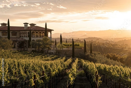 Professional Photography of a Vineyard Estate With Rolling Vineyards  Wine Cellar  and Tuscan-Inspired Villa  Generative AI
