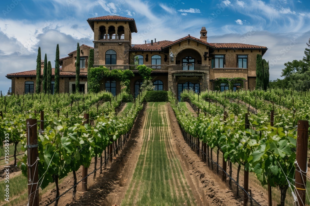 Professional Photography of a Vineyard Estate With Rolling Vineyards, Wine Cellar, and Tuscan-Inspired Villa, Generative AI