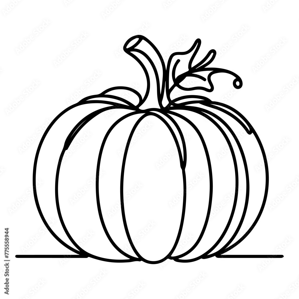 Continuous one black line drawing of pumpkin Halloween autumn harvest outline sketch doodle for coloring vector on white background