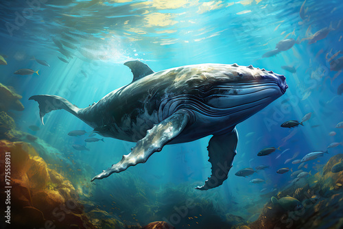 generated illustration of  humpback whale swimming under water © seanzheng