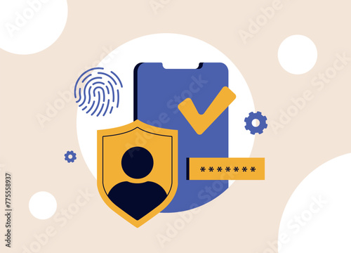 Passwordless authentication. Zero Sign-On, Shield, sign-in form, password and biometric authentication with fingerprint identification for secure accounts and online protection. Vector illustration