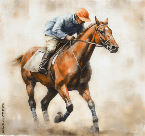 generated illustration of horse racing jockey watercolor © seanzheng