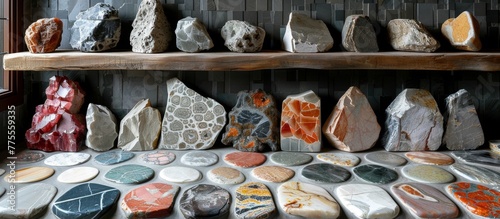 A shelf full of various rocks