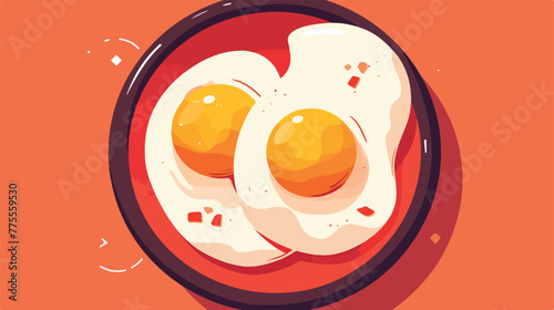 Illustration of half fried egg in red dish 2d flat