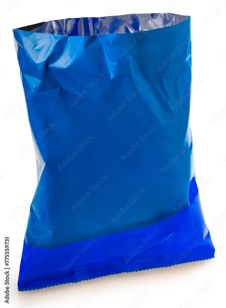 Food Packaging, Foil and plastic snack bags mockup bag opening cut isolate on white background, Blue colored pillow packages for food production on White Background With clipping path.