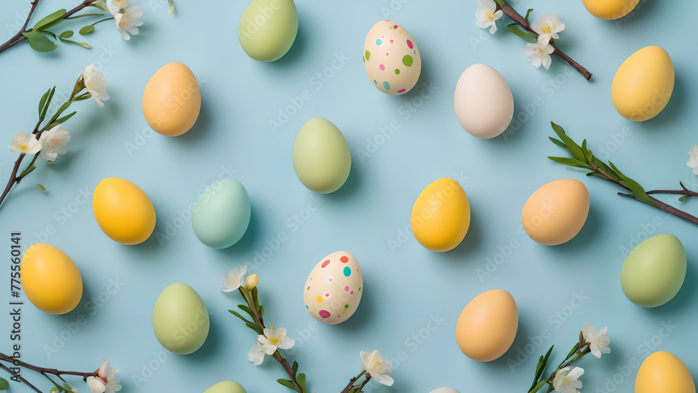 colorful small easter eggs with flowers and branches on a light blue background
