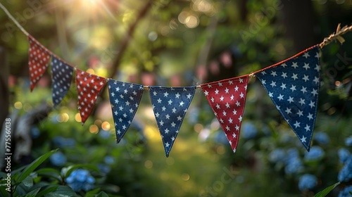 Patriotic 4th of July decorative National Day bunting in red, white, and blue adorns a festive setting, embodying national pride no grunge, no splash, no dust, digital photography