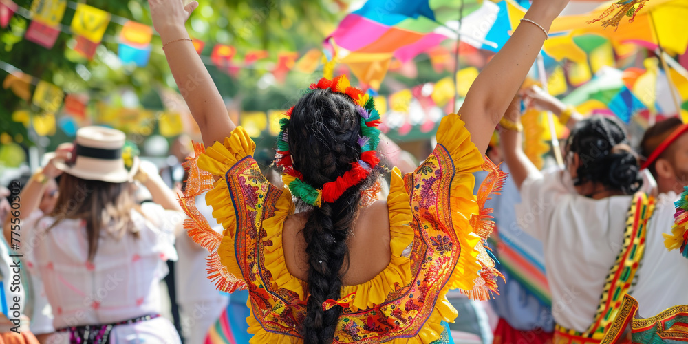people celebrating cultural diversity at a multicultural festival, with colorful costumes, traditional music, and diverse cuisine, embracing and honoring different cultural traditions and heritage. 