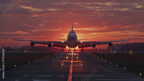 Airplane with four engines flying arrival landing on a runway in the evening during a bright red sunset