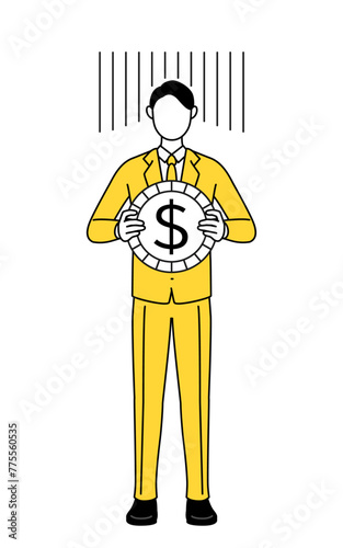 Simple line drawing illustration of a businessman in a suit, an image of exchange loss or dollar depreciation