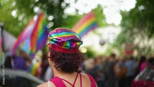 Happy lesbian girl dance lgbt pride. Joyful bi woman hang out csd fest day. Many female dancers community have fun gay party. Person enjoy coming out month. Stop no homophobia concept. Lgbtq festival. photo