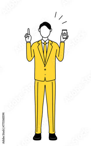 Simple line drawing illustration of a businessman in a suit taking security measures for his phone.