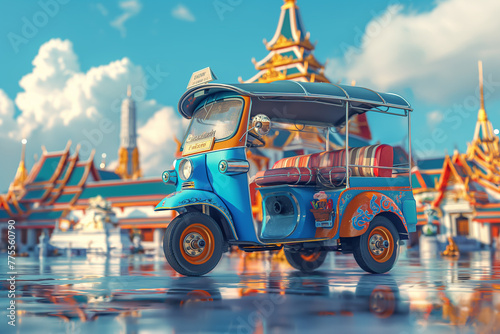 A tuk tuk is parked on the road in a beautiful Thai temple.	 photo