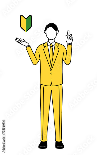 Simple line drawing illustration of a businessman in a suit showing the symbol for young leaves.