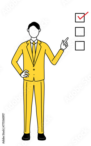 Simple line drawing illustration of a businessman in a suit pointing to a checklist.