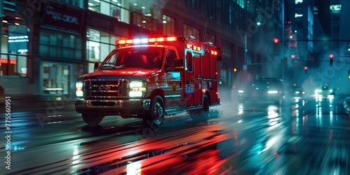 Ambulance speeding at night, close-up on the reflective decals, life-saving urgency in motion
